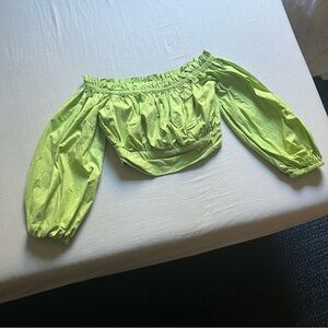 Song of Style green cropped ruffle puff long sleeve off shoulder blouse